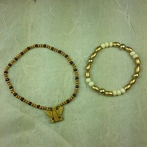 Vintage Hand-Carved Bone Butterfly Anklet Bracelet Set Wood Bead Boho Jewelry